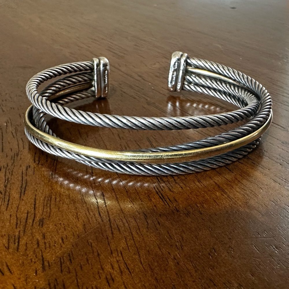 Authentic David Yurman Crossover Three Row Cuff Bracelet silver and gold